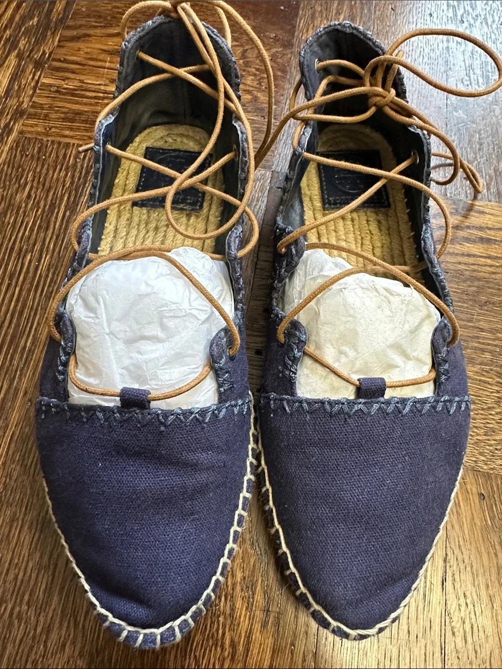 Tory Burch Navy Canvas Lace-Up Espadrille Flats with Tan Laces